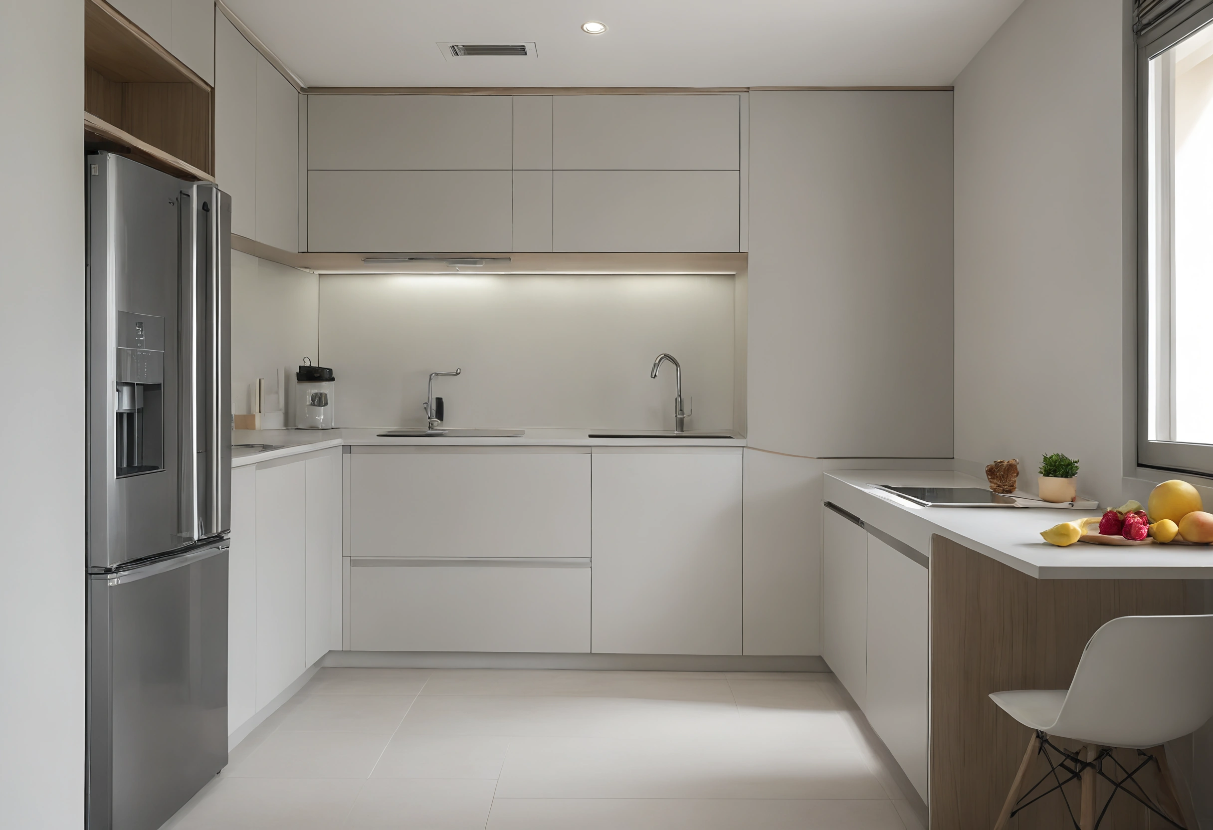 Compact apartment kitchen with white handle-free cabinets, a tall steel refrigerator and a breakfast counter by the window