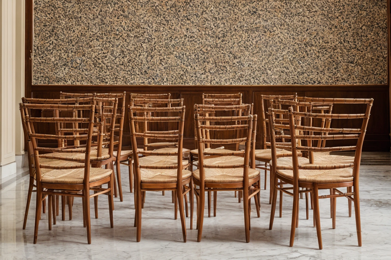 Light wooden Chiavari style chairs with woven seats in a bright Italian room