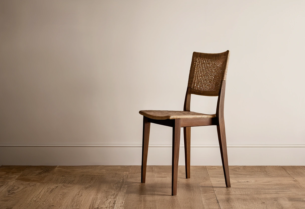 Very light wooden dining chair in profile against a plain wall