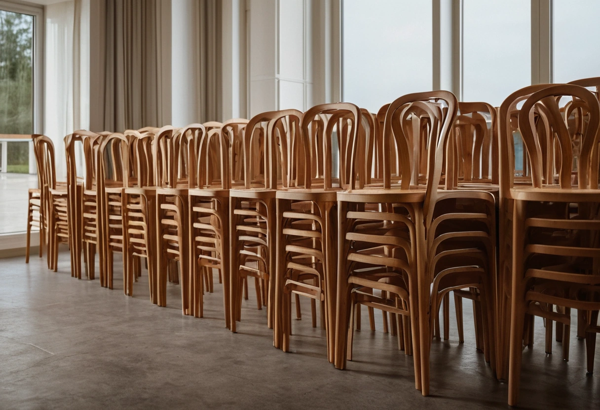 Light wooden banquet chairs stacked in a storage room
