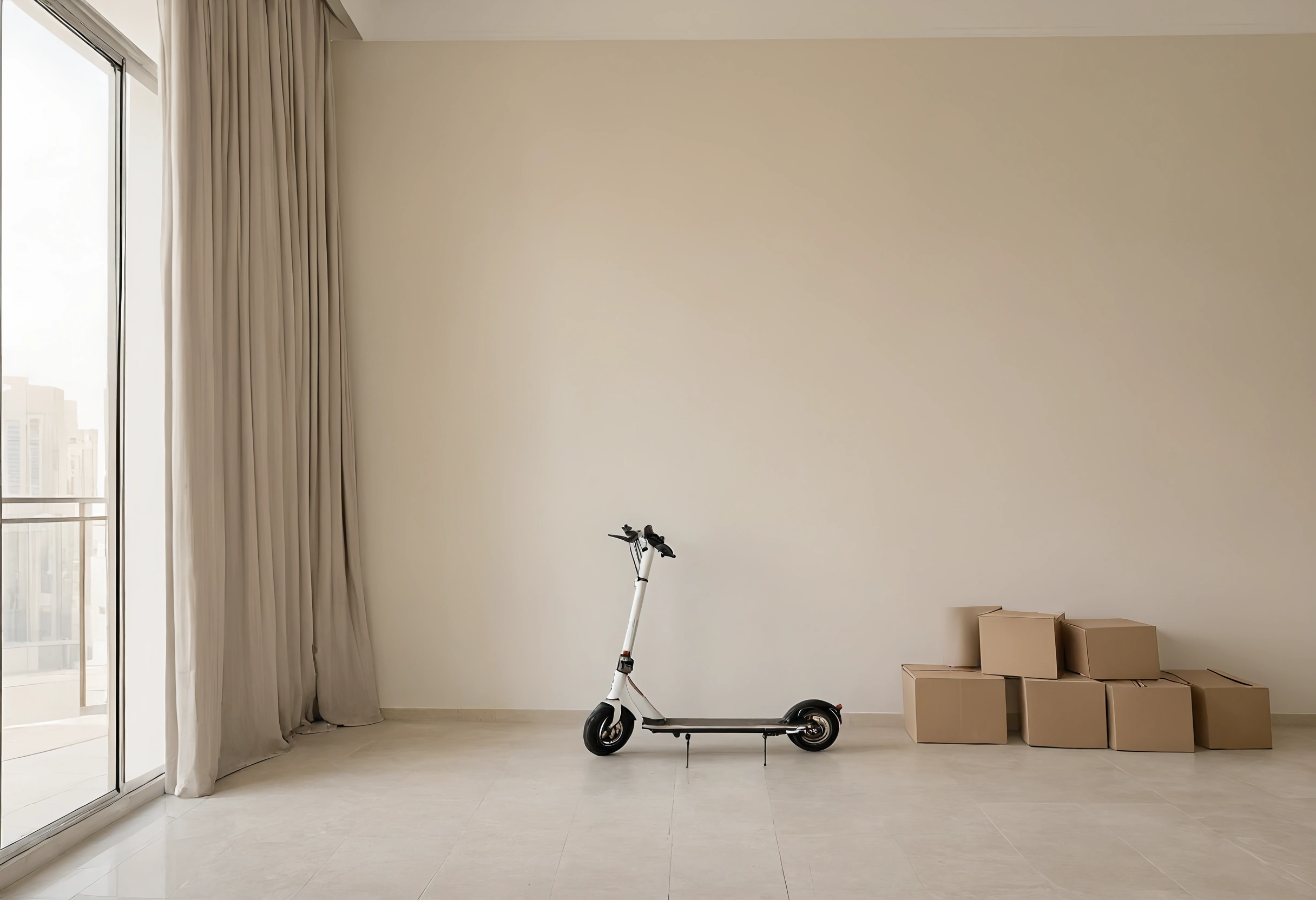 Empty living room of a Dubai high-rise apartment with a pale tiled floor, moving boxes, a scooter and long curtains by the balcony door