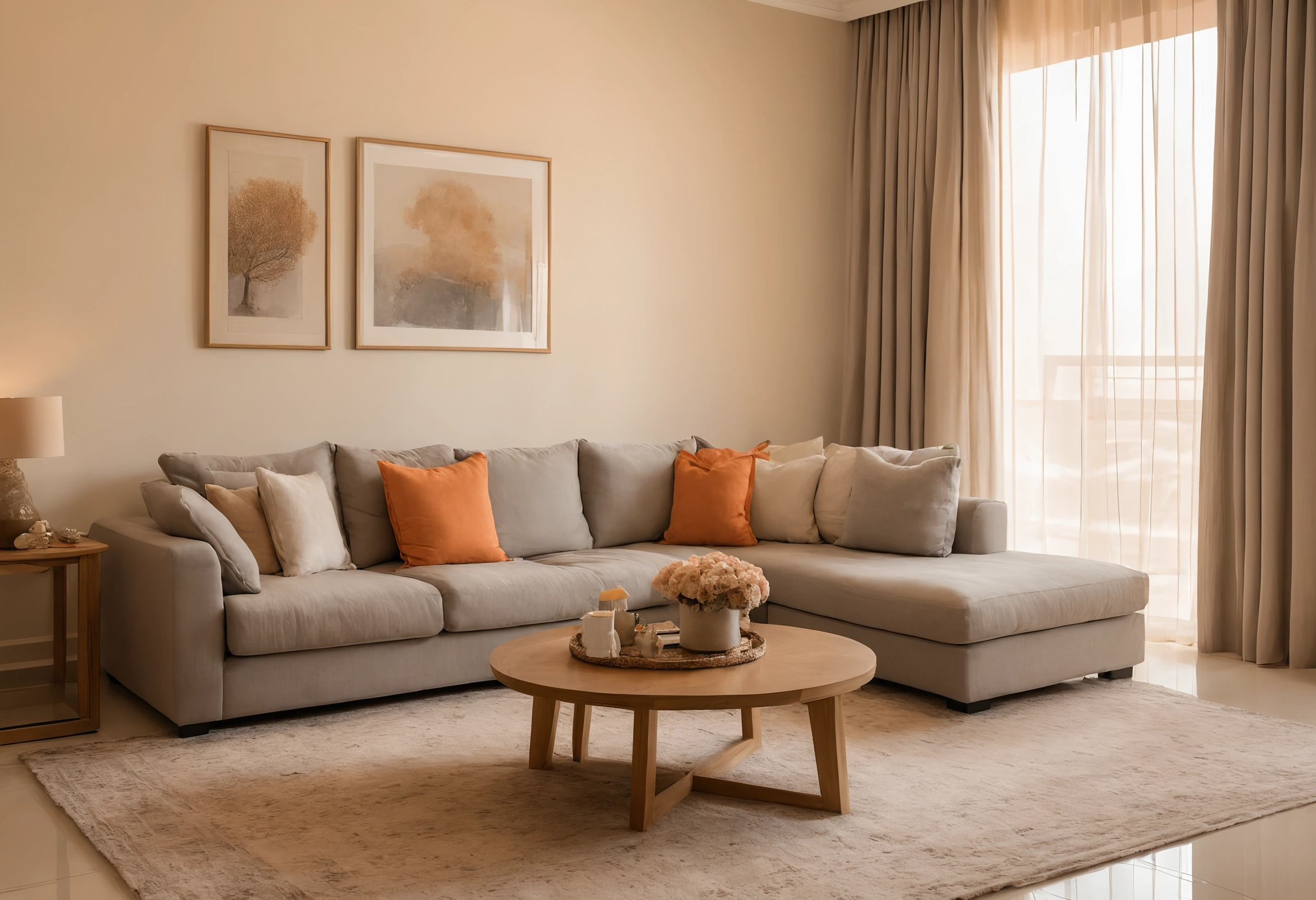 Family living room in a Dubai apartment with a grey fabric sofa, a woven rug and a low wooden table in evening light