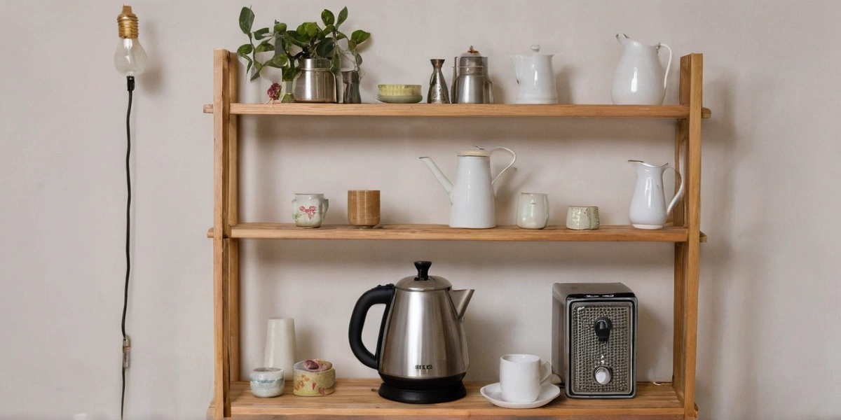 Kettle, dining chair, mattress corner and table lamp arranged on a plain table for comparison